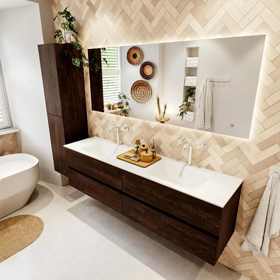 Mondiaz VICA 180cm badmeubel onderkast Dark Brown 4 lades. Wastafel CLOUD dubbel 2 kraangaten kleur Talc.