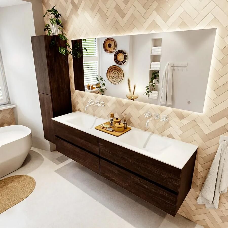 Mondiaz VICA 180cm badmeubel onderkast Dark Brown 4 lades. Wastafel CLOUD dubbel zonder kraangat kleur Talc.