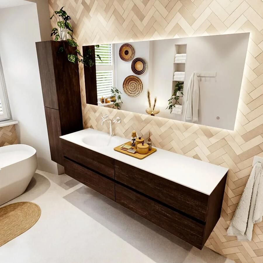 Mondiaz VICA 180cm badmeubel onderkast Dark Brown 4 lades. Wastafel MOON links 1 kraangat kleur Talc.