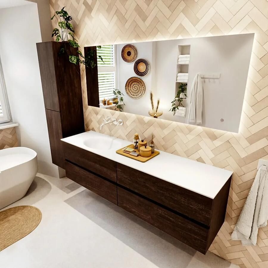 Mondiaz VICA 180cm badmeubel onderkast Dark Brown 4 lades. Wastafel MOON links zonder kraangat kleur Talc.