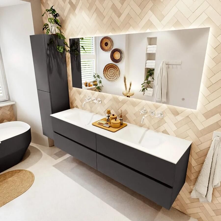 Mondiaz VICA 180cm badmeubel onderkast Dark Grey 4 lades. Wastafel CLOUD dubbel zonder kraangat kleur Talc.