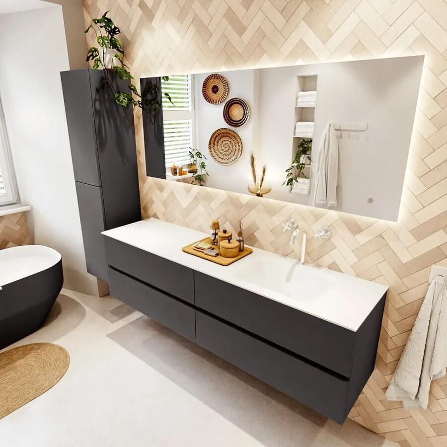 Mondiaz VICA 180cm badmeubel onderkast Dark Grey 4 lades. Wastafel CLOUD rechts 1 kraangat kleur Talc.