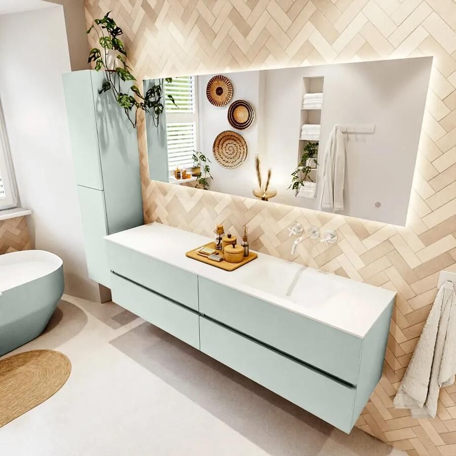 Mondiaz VICA 180cm badmeubel onderkast Greey 4 lades. Wastafel CLOUD rechts zonder kraangat kleur Talc.