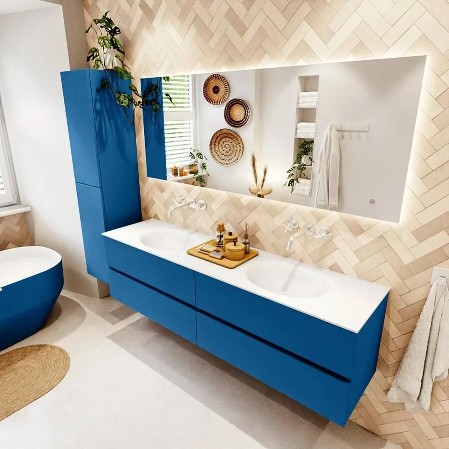 Mondiaz VICA 180cm badmeubel onderkast Jeans 4 lades. Wastafel MOON dubbel zonder kraangat kleur Talc.