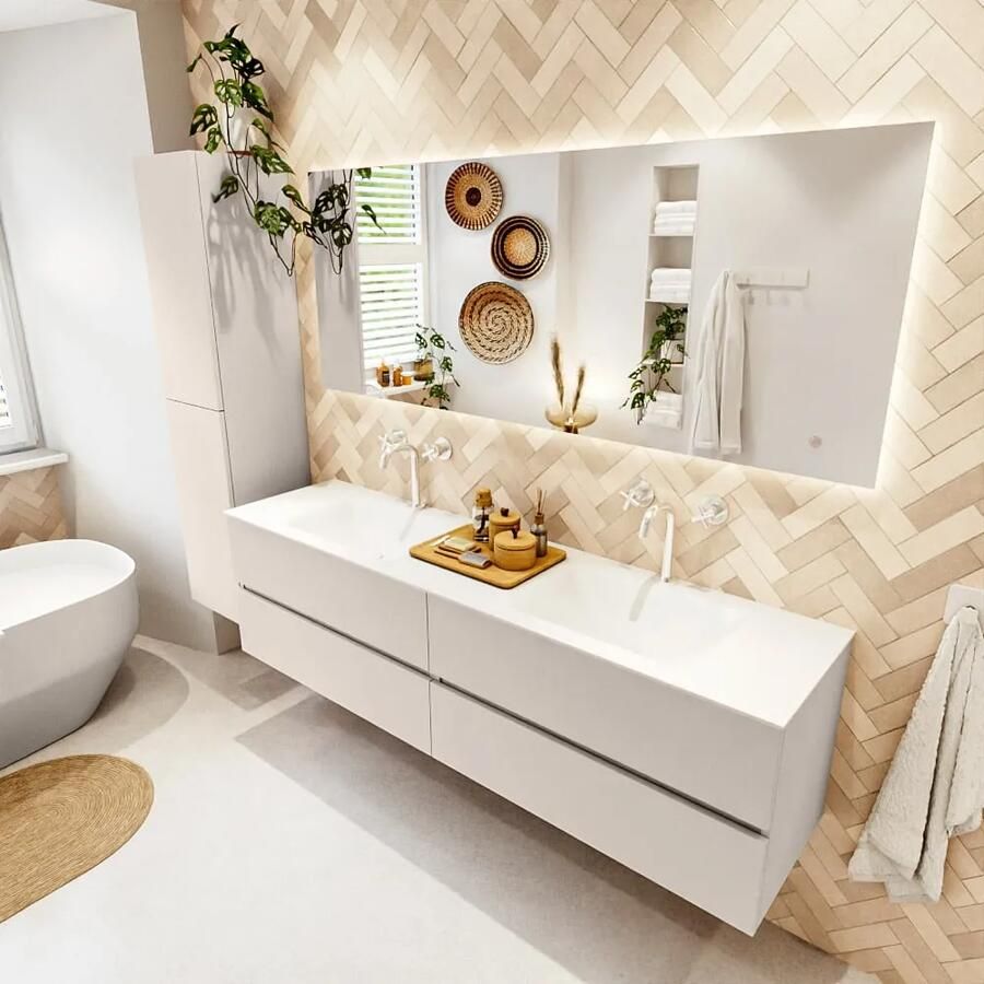 Mondiaz VICA 180cm badmeubel onderkast Linen 4 lades. Wastafel CLOUD dubbel 2 kraangaten kleur Talc.