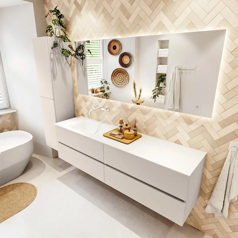 Mondiaz VICA 180cm badmeubel onderkast Linen 4 lades. Wastafel CLOUD links zonder kraangat kleur Talc.