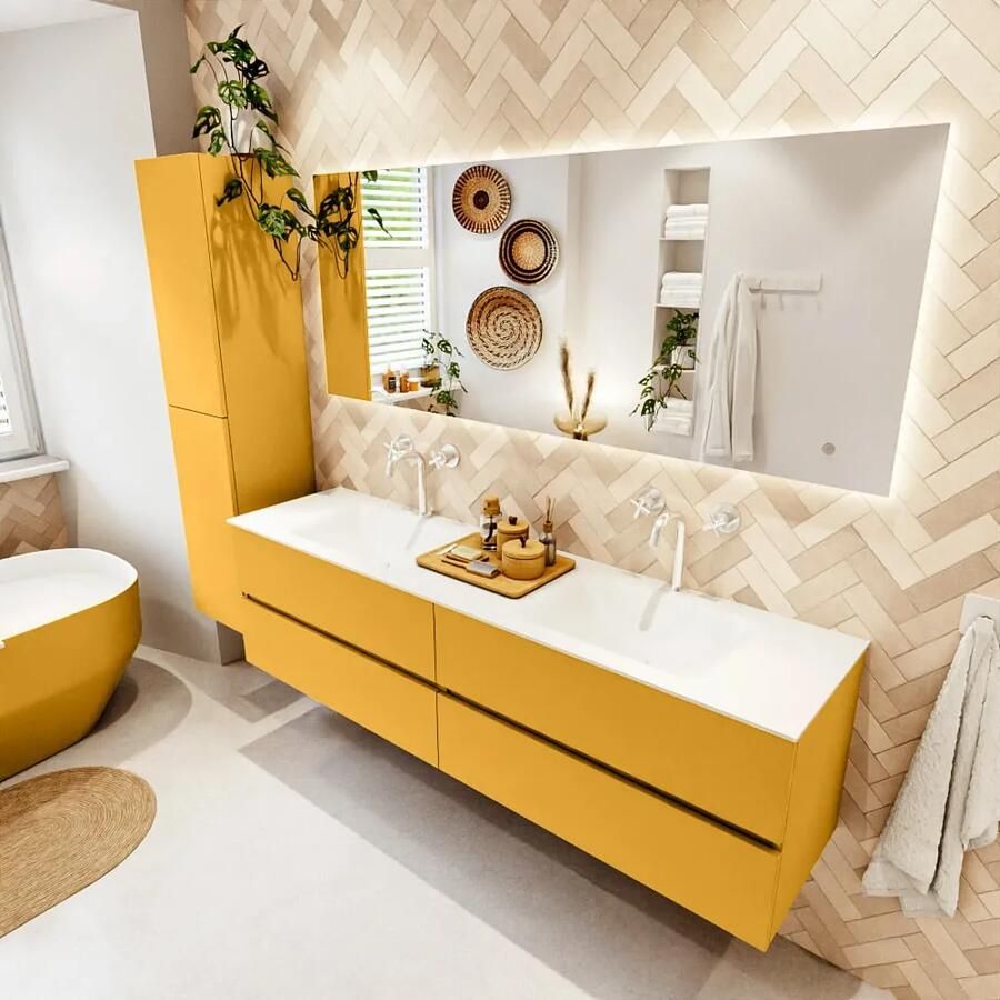 Mondiaz VICA 180cm badmeubel onderkast Ocher 4 lades. Wastafel CLOUD dubbel 2 kraangaten kleur Talc.