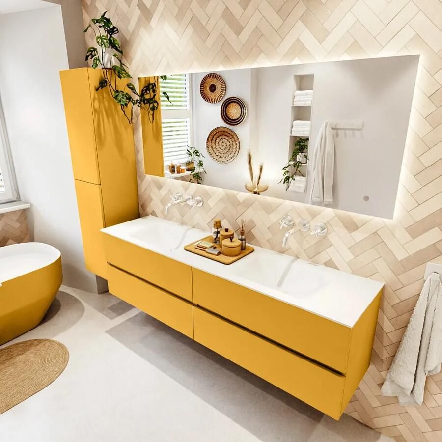 Mondiaz VICA 180cm badmeubel onderkast Ocher 4 lades. Wastafel CLOUD dubbel zonder kraangat kleur Talc.