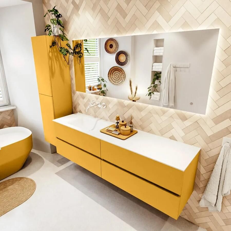Mondiaz VICA 180cm badmeubel onderkast Ocher 4 lades. Wastafel CLOUD links zonder kraangat kleur Talc.