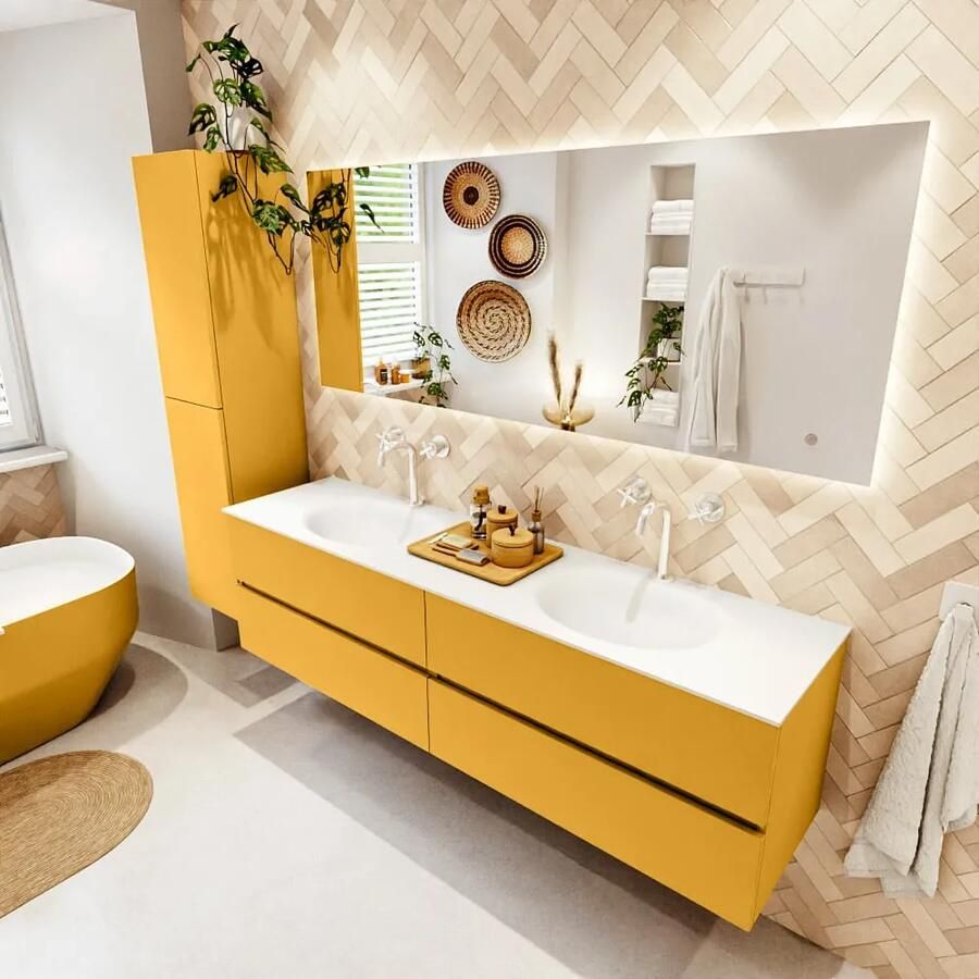 Mondiaz VICA 180cm badmeubel onderkast Ocher 4 lades. Wastafel MOON dubbel 2 kraangaten kleur Talc.