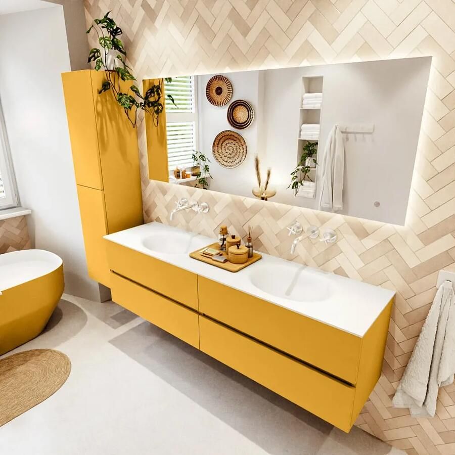 Mondiaz VICA 180cm badmeubel onderkast Ocher 4 lades. Wastafel MOON dubbel zonder kraangat kleur Talc. - Foto 2