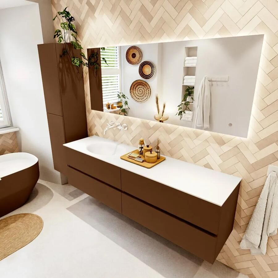 Mondiaz VICA 180cm badmeubel onderkast Rust 4 lades. Wastafel MOON links zonder kraangat kleur Talc.