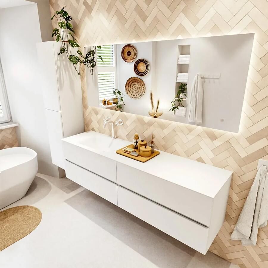 Mondiaz VICA 180cm badmeubel onderkast Talc 4 lades. Wastafel CLOUD links 1 kraangat kleur Talc.