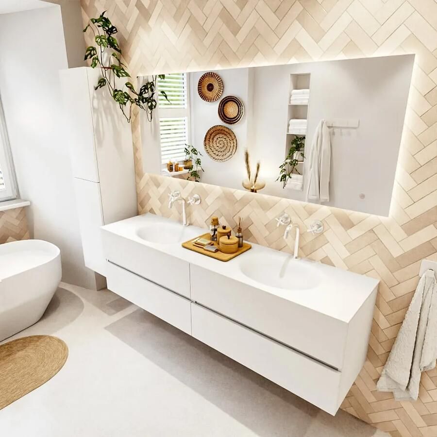 Mondiaz VICA 180cm badmeubel onderkast Talc 4 lades. Wastafel MOON dubbel 2 kraangaten kleur Talc.