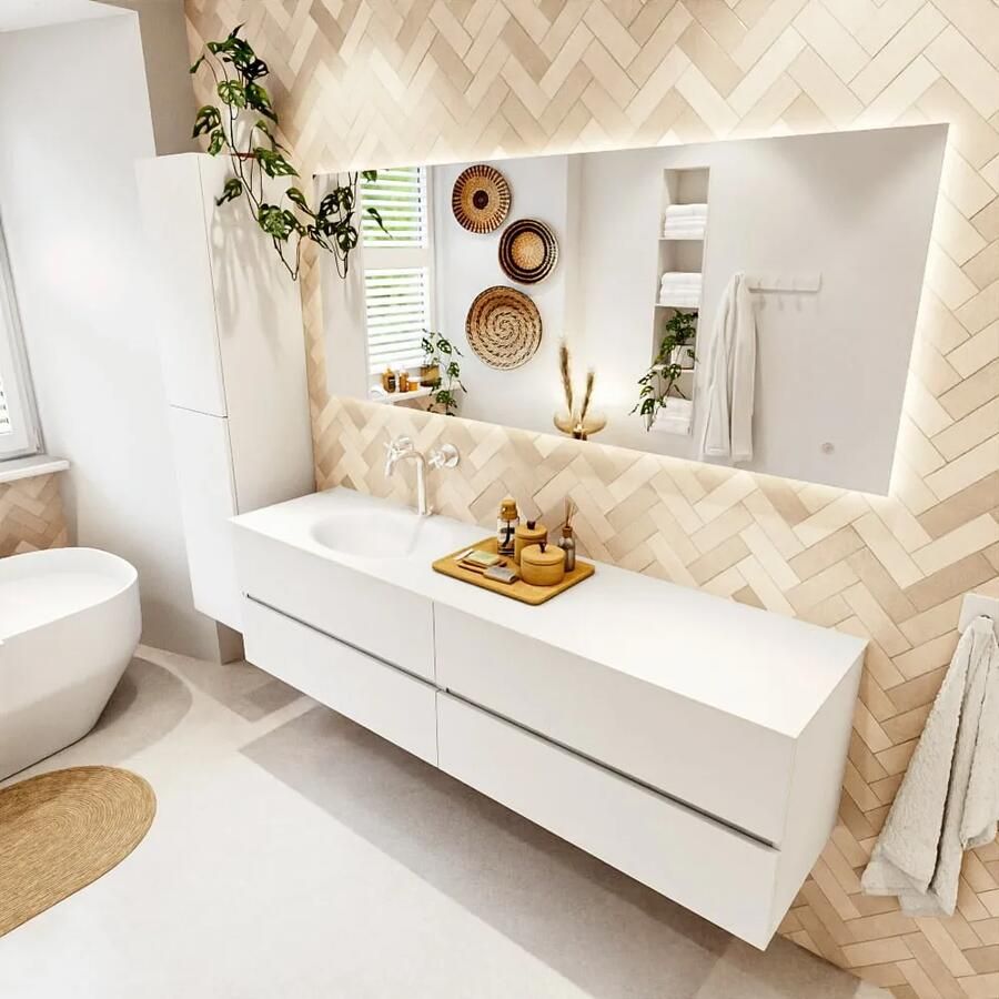 Mondiaz VICA 180cm badmeubel onderkast Talc 4 lades. Wastafel MOON links 1 kraangat kleur Talc.