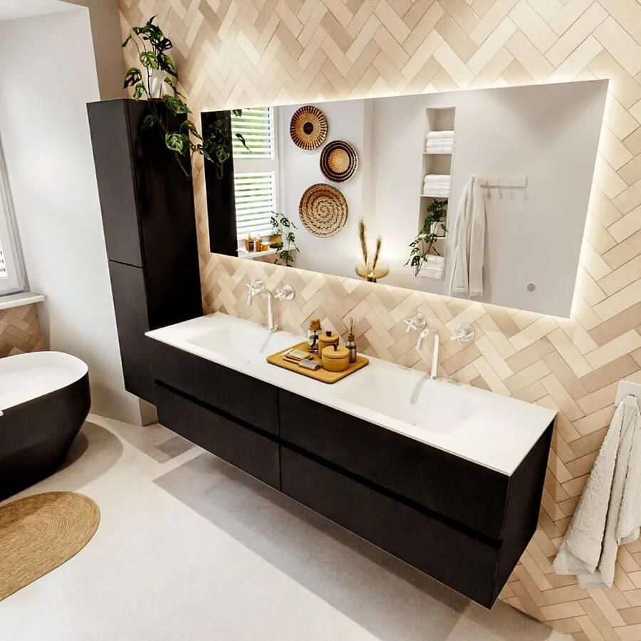 Mondiaz VICA 180cm badmeubel onderkast Urban 4 lades. Wastafel CLOUD dubbel 2 kraangaten kleur Talc.