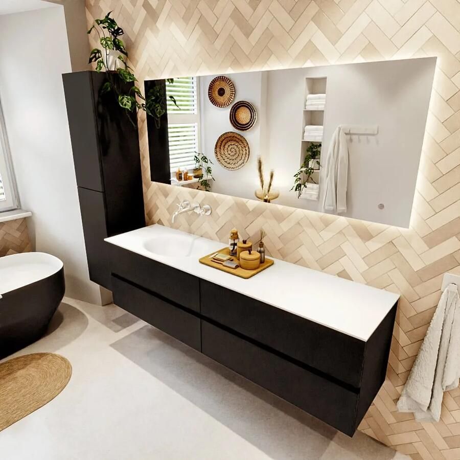 Mondiaz VICA 180cm badmeubel onderkast Urban 4 lades. Wastafel MOON links zonder kraangat kleur Talc.
