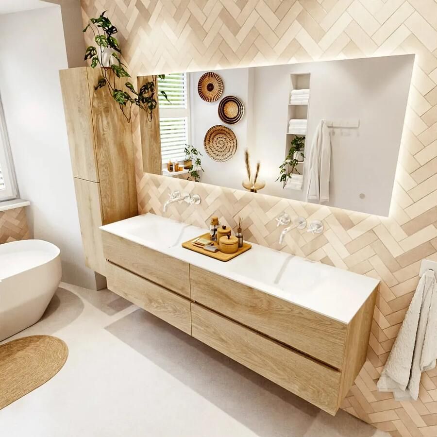 Mondiaz VICA 180cm badmeubel onderkast Washed Oak 4 lades. Wastafel CLOUD dubbel zonder kraangat kleur Talc.
