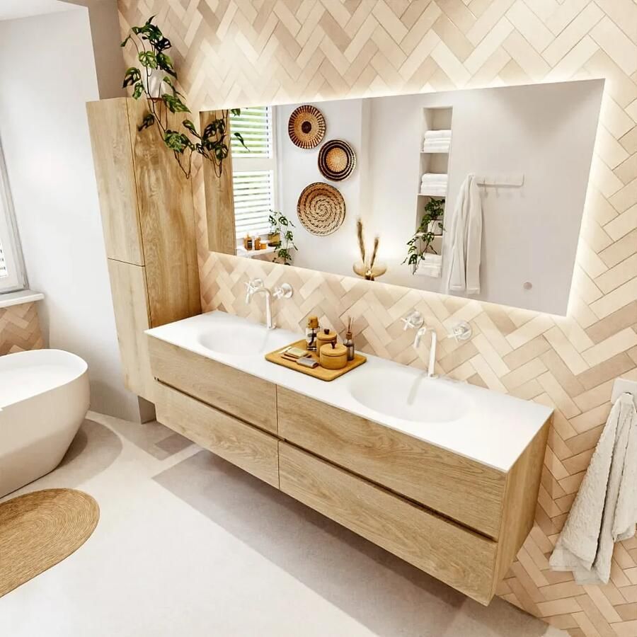Mondiaz VICA 180cm badmeubel onderkast Washed Oak 4 lades. Wastafel MOON dubbel 2 kraangaten kleur Talc.