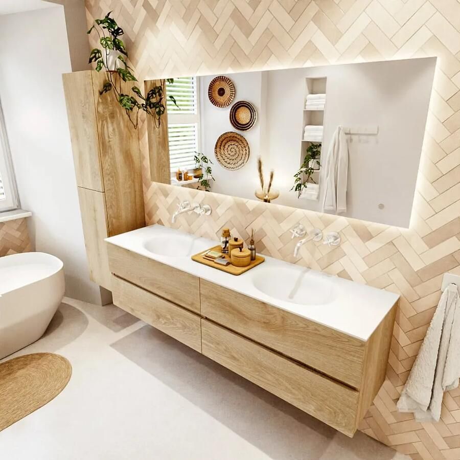 Mondiaz VICA 180cm badmeubel onderkast Washed Oak 4 lades. Wastafel MOON dubbel zonder kraangat kleur Talc. - Foto 2