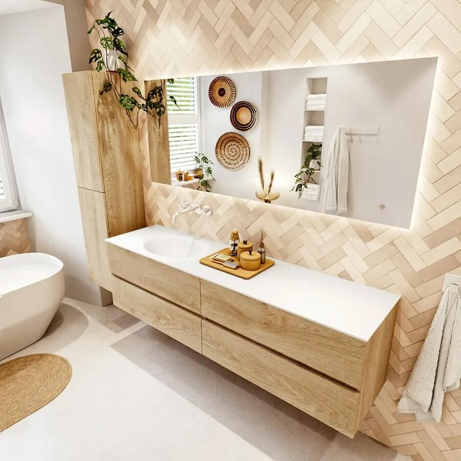 Mondiaz VICA 180cm badmeubel onderkast Washed Oak 4 lades. Wastafel MOON links zonder kraangat kleur Talc.