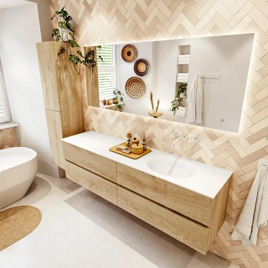 Mondiaz VICA 180cm badmeubel onderkast Washed Oak 4 lades. Wastafel MOON rechts zonder kraangat kleur Talc.