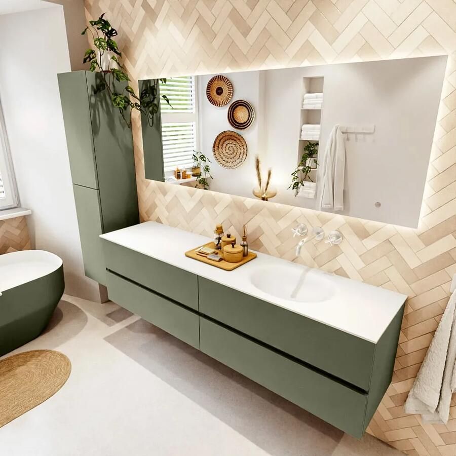 Mondiaz VICA 190cm badmeubel onderkast Army 4 lades. Wastafel MOON rechts zonder kraangat kleur Talc.