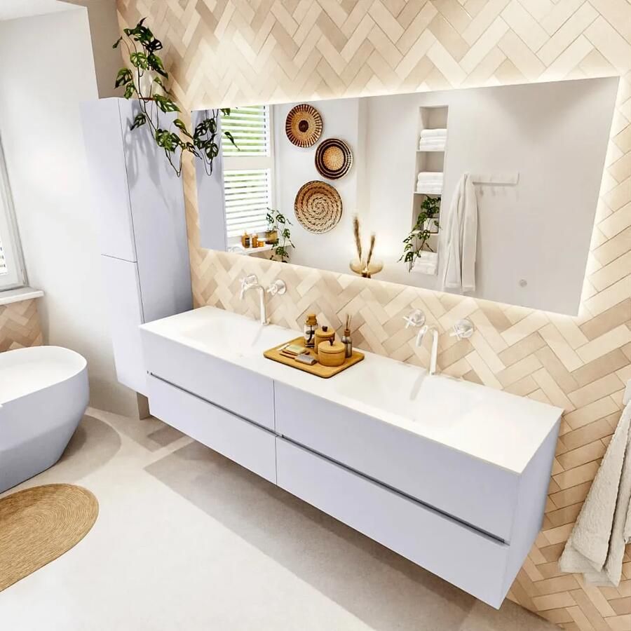 Mondiaz VICA 190cm badmeubel onderkast Cale 4 lades. Wastafel CLOUD dubbel 2 kraangaten kleur Talc.