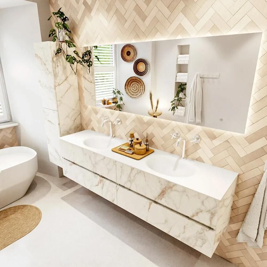 Mondiaz VICA 190cm badmeubel onderkast Carrara 4 lades. Wastafel MOON dubbel 2 kraangaten kleur Talc.