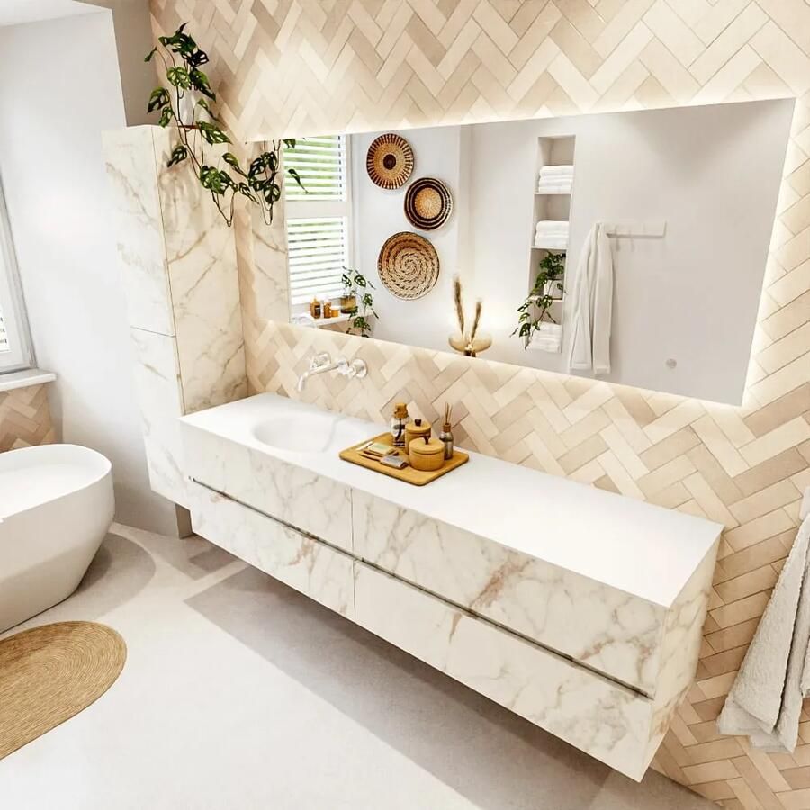 Mondiaz VICA 190cm badmeubel onderkast Carrara 4 lades. Wastafel MOON links zonder kraangat kleur Talc.