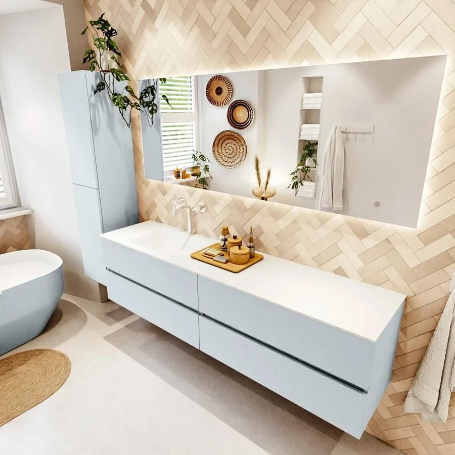 Mondiaz VICA 190cm badmeubel onderkast Clay 4 lades. Wastafel CLOUD links 1 kraangat kleur Talc.