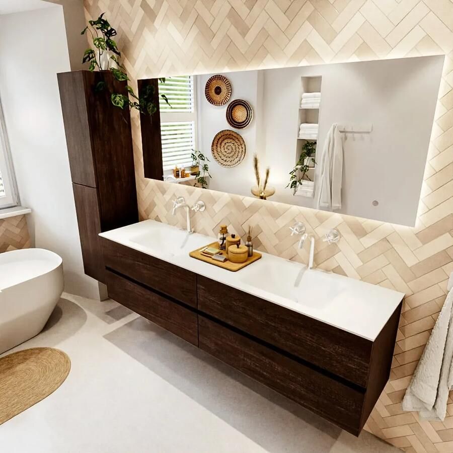 Mondiaz VICA 190cm badmeubel onderkast Dark Brown 4 lades. Wastafel CLOUD dubbel 2 kraangaten kleur Talc.