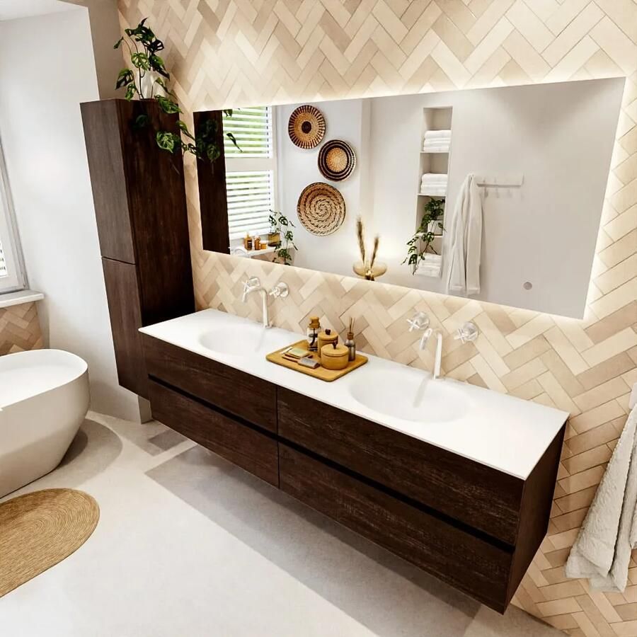 Mondiaz VICA 190cm badmeubel onderkast Dark Brown 4 lades. Wastafel MOON dubbel 2 kraangaten kleur Talc.