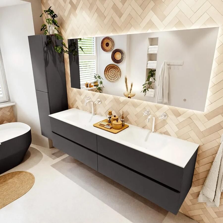 Mondiaz VICA 190cm badmeubel onderkast Dark Grey 4 lades. Wastafel CLOUD dubbel 2 kraangaten kleur Talc.