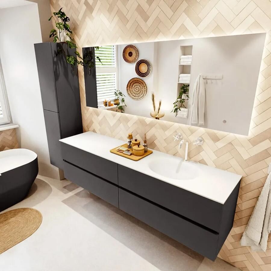 Mondiaz VICA 190cm badmeubel onderkast Dark Grey 4 lades. Wastafel MOON rechts 1 kraangat kleur Talc.