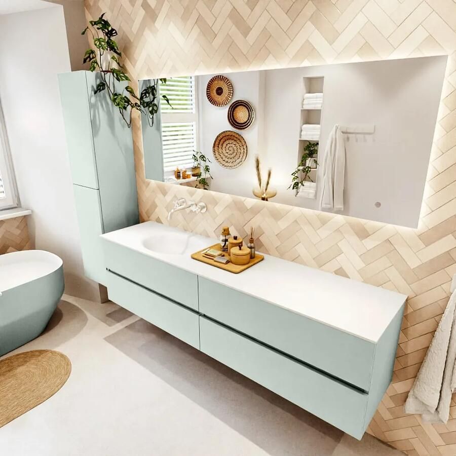 Mondiaz VICA 190cm badmeubel onderkast Greey 4 lades. Wastafel MOON links zonder kraangat kleur Talc.