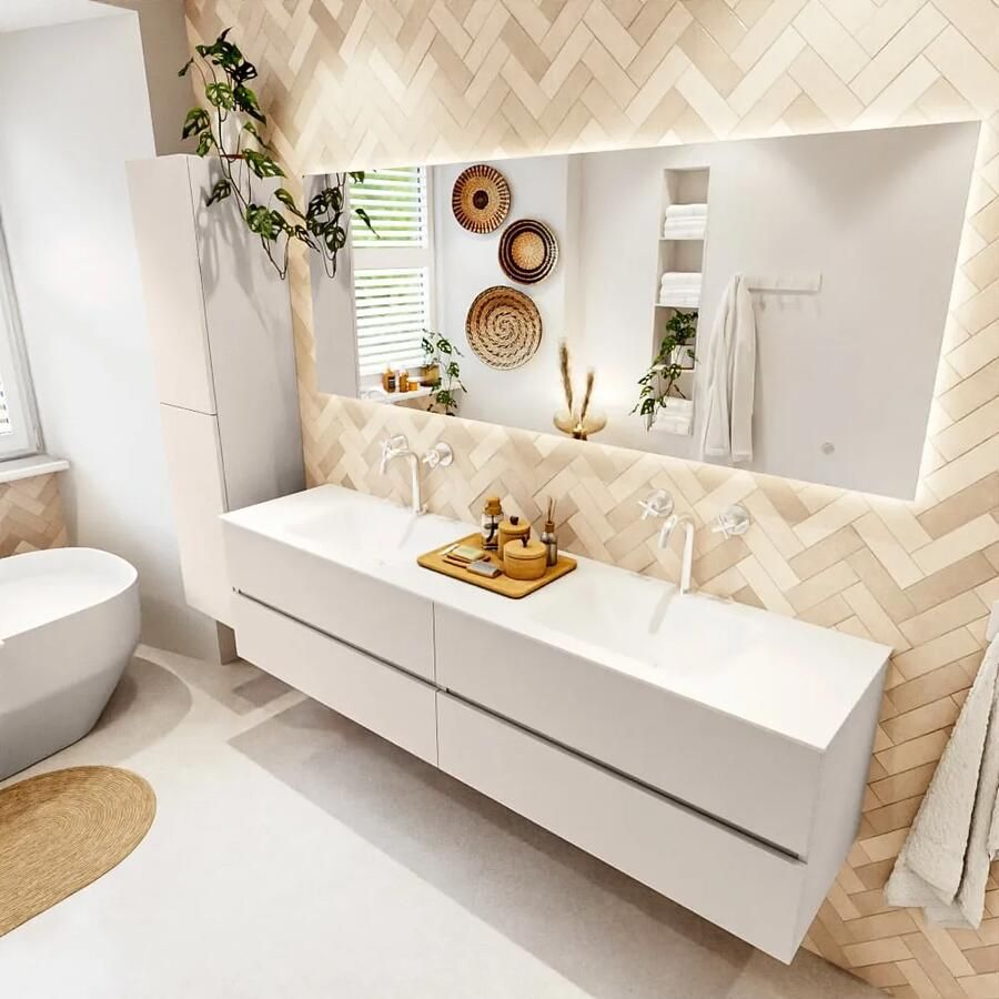 Mondiaz VICA 190cm badmeubel onderkast Linen 4 lades. Wastafel CLOUD dubbel 2 kraangaten kleur Talc.