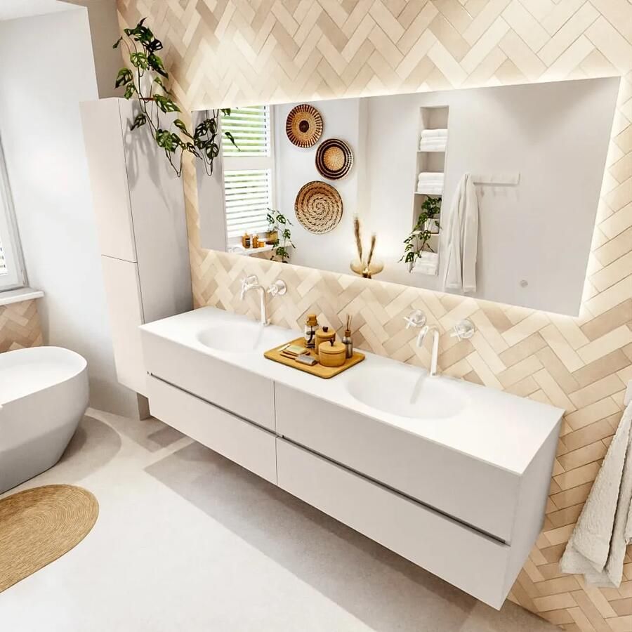Mondiaz VICA 190cm badmeubel onderkast Linen 4 lades. Wastafel MOON dubbel 2 kraangaten kleur Talc.