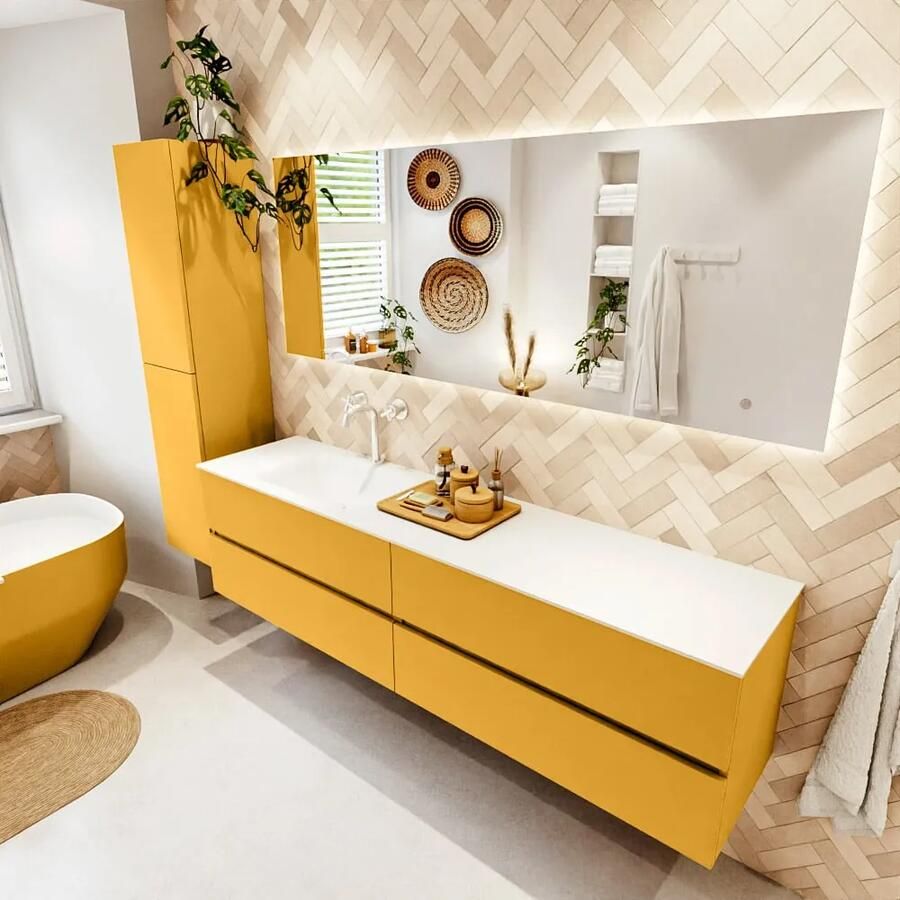 Mondiaz VICA 190cm badmeubel onderkast Ocher 4 lades. Wastafel CLOUD links 1 kraangat kleur Talc.