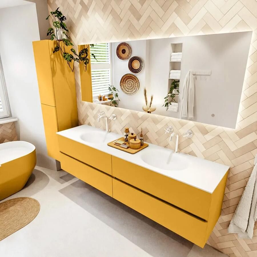 Mondiaz VICA 190cm badmeubel onderkast Ocher 4 lades. Wastafel MOON dubbel 2 kraangaten kleur Talc.