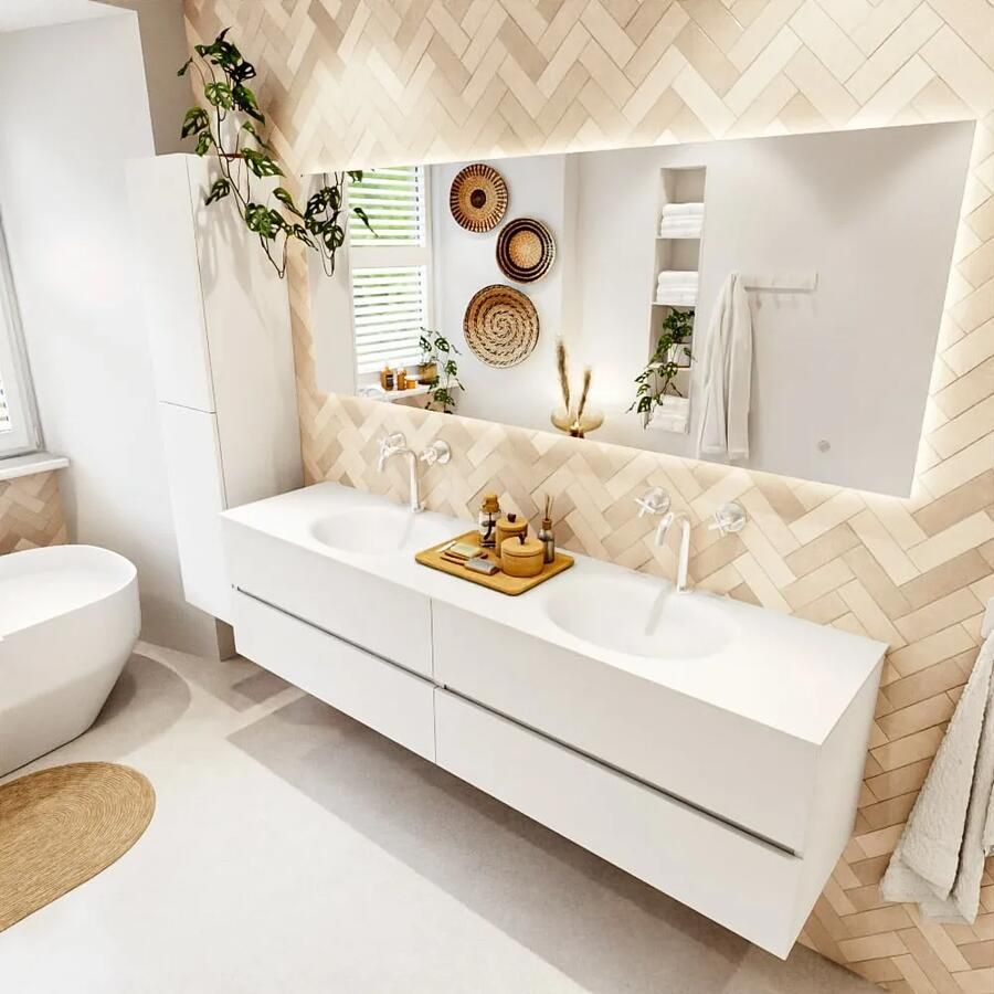 Mondiaz VICA 190cm badmeubel onderkast Talc 4 lades. Wastafel MOON dubbel 2 kraangaten kleur Talc.