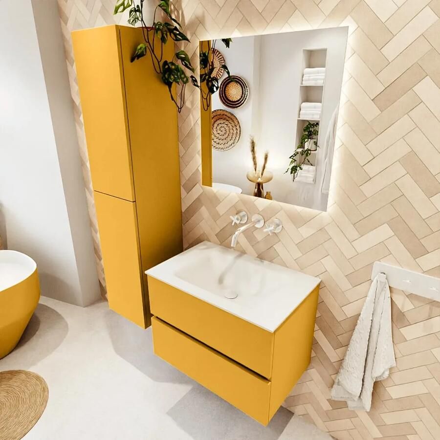 Mondiaz VICA 70cm badmeubel onderkast Ocher 2 lades. Wastafel CLOUD midden zonder kraangat kleur Talc.