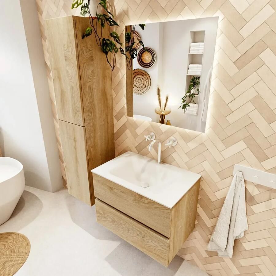 Mondiaz VICA 70cm badmeubel onderkast Washed Oak 2 lades. Wastafel CLOUD midden 1 kraangat kleur Talc.