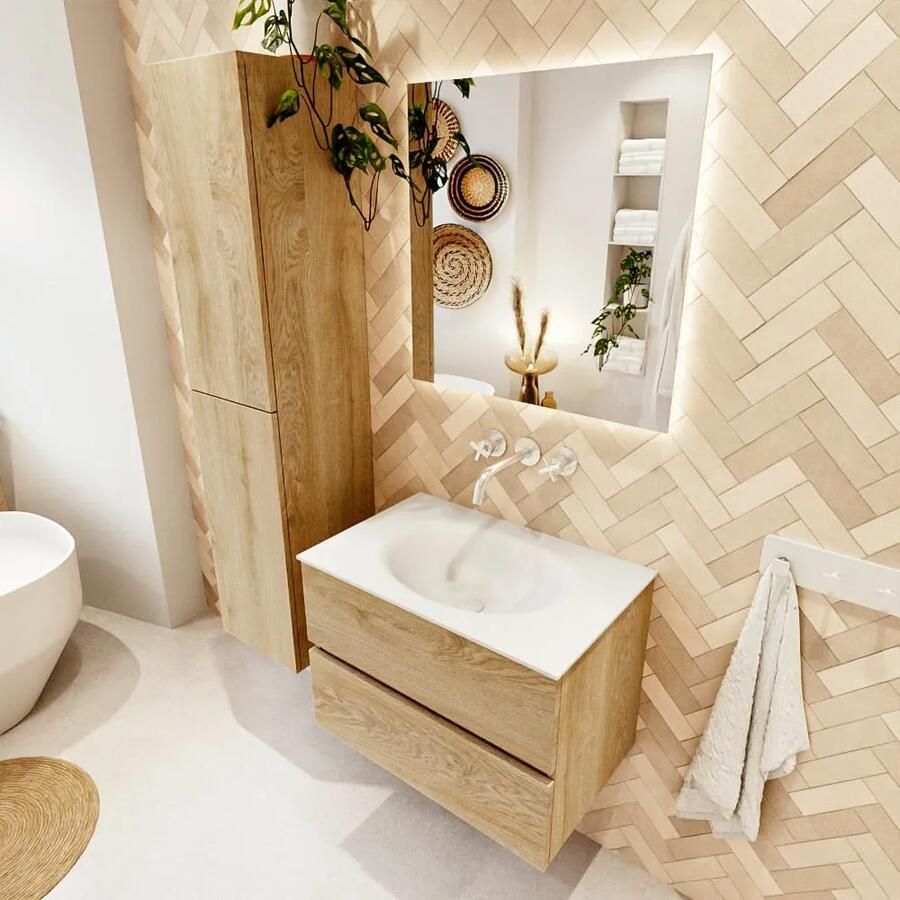 Mondiaz VICA 70cm badmeubel onderkast Washed Oak 2 lades. Wastafel MOON midden zonder kraangat kleur Talc. - Foto 2