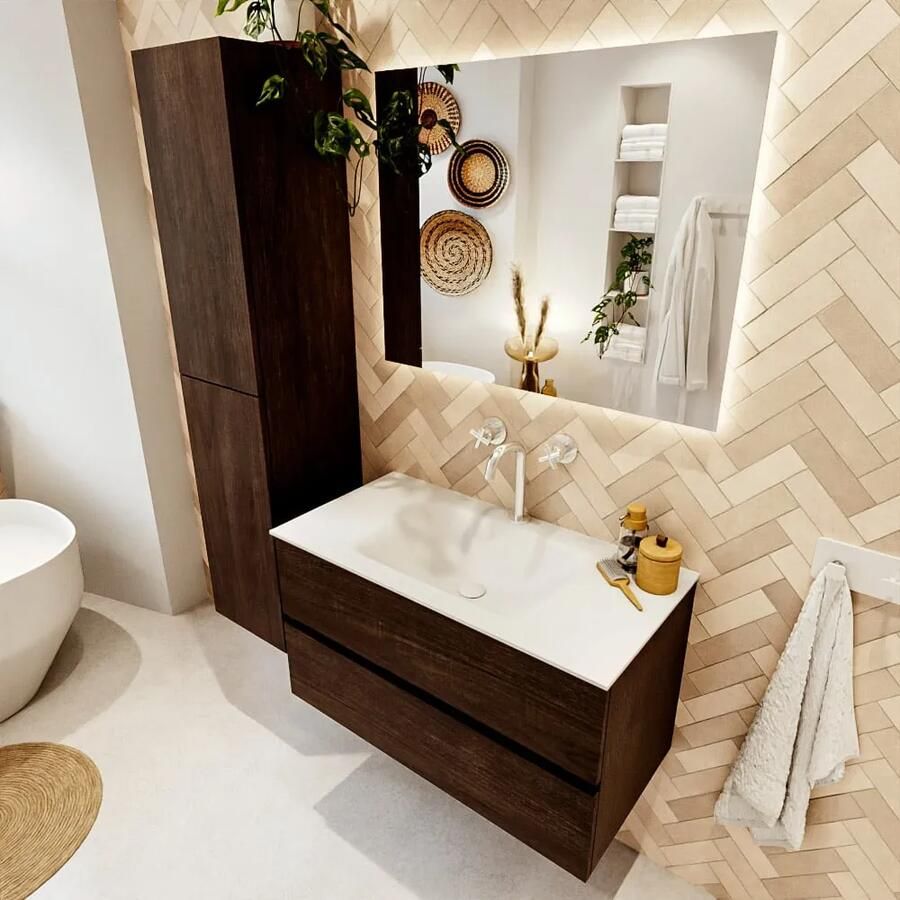 Mondiaz VICA 90cm badmeubel onderkast Dark Brown 2 lades. Wastafel CLOUD midden 1 kraangat kleur Talc.