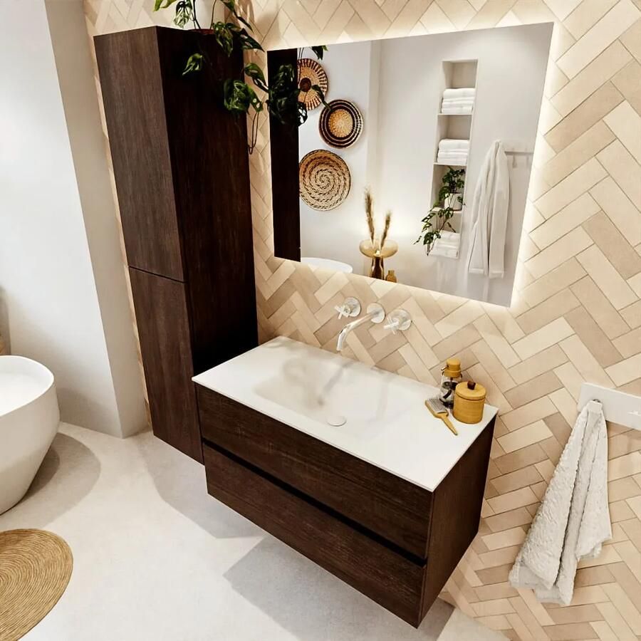 Mondiaz VICA 90cm badmeubel onderkast Dark Brown 2 lades. Wastafel CLOUD midden zonder kraangat kleur Talc.
