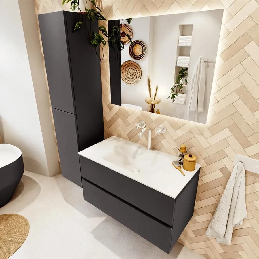 Mondiaz VICA 90cm badmeubel onderkast Dark Grey 2 lades. Wastafel CLOUD midden 1 kraangat kleur Talc.