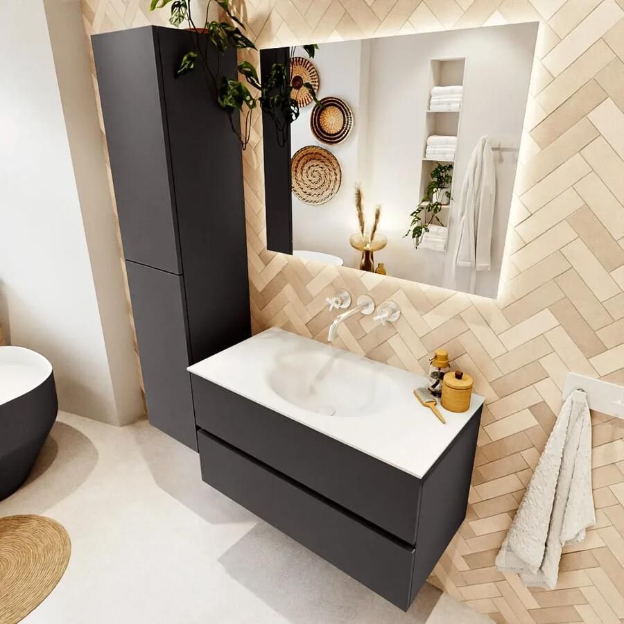 Mondiaz VICA 90cm badmeubel onderkast Dark Grey 2 lades. Wastafel MOON midden zonder kraangat kleur Talc.