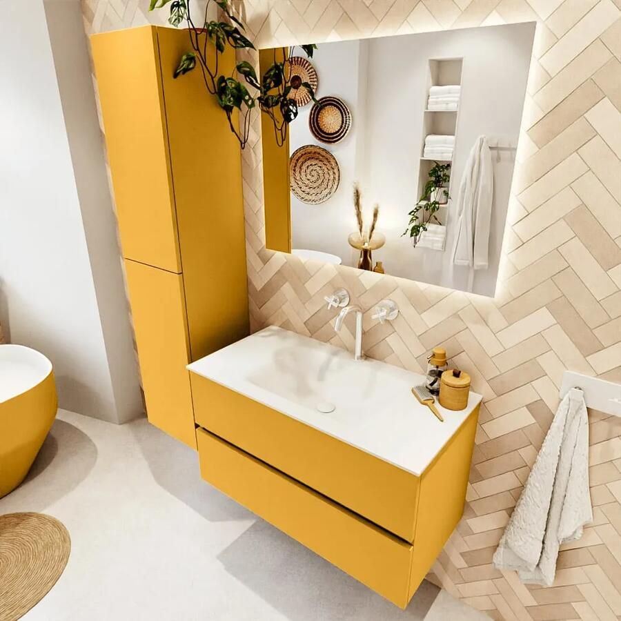 Mondiaz VICA 90cm badmeubel onderkast Ocher 2 lades. Wastafel CLOUD midden 1 kraangat kleur Talc.