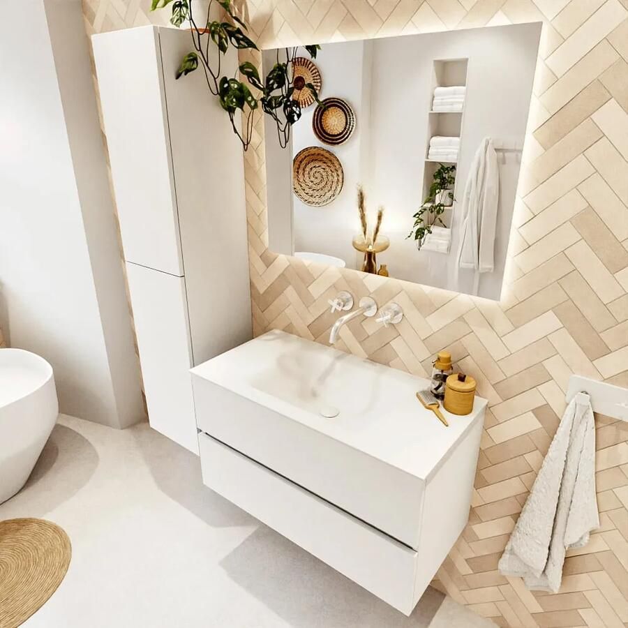 Mondiaz VICA 90cm badmeubel onderkast Talc 2 lades. Wastafel CLOUD midden zonder kraangat kleur Talc. - Foto 2